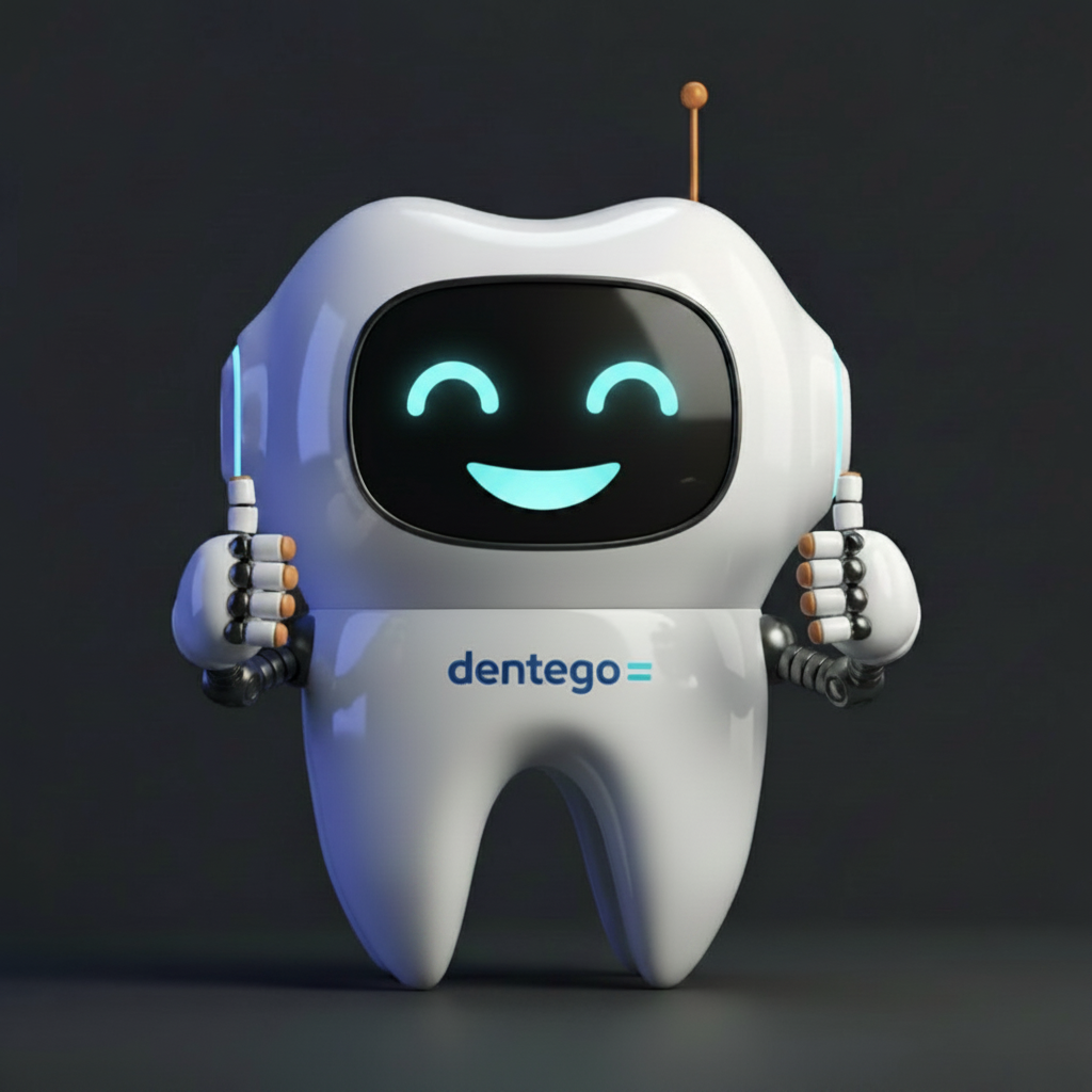 Atlas, l'assistant IA Dentego (robot-dent souriant), sur un décor bleu et corail